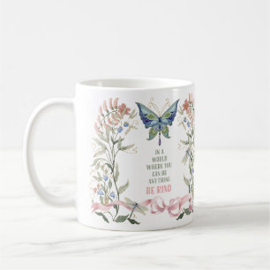 Pink Ribbon Butterfly Floral Watercolor Be Kind Coffee Mug