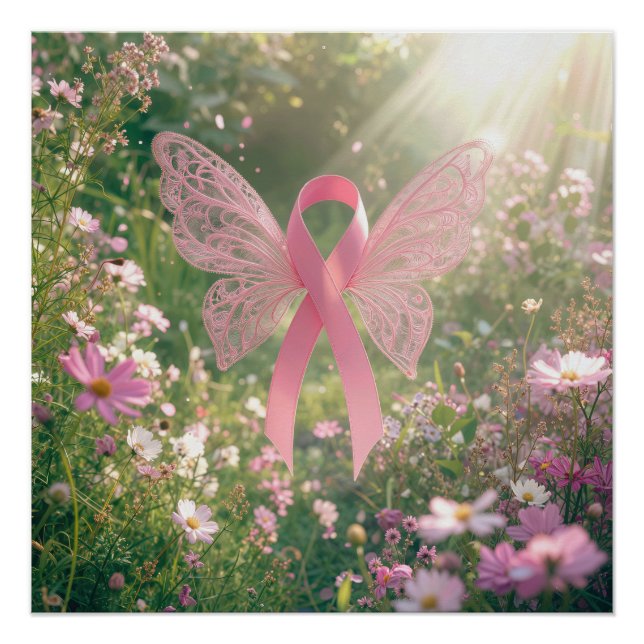 Pink Ribbon Butterfly in a Garden Poster (Front)