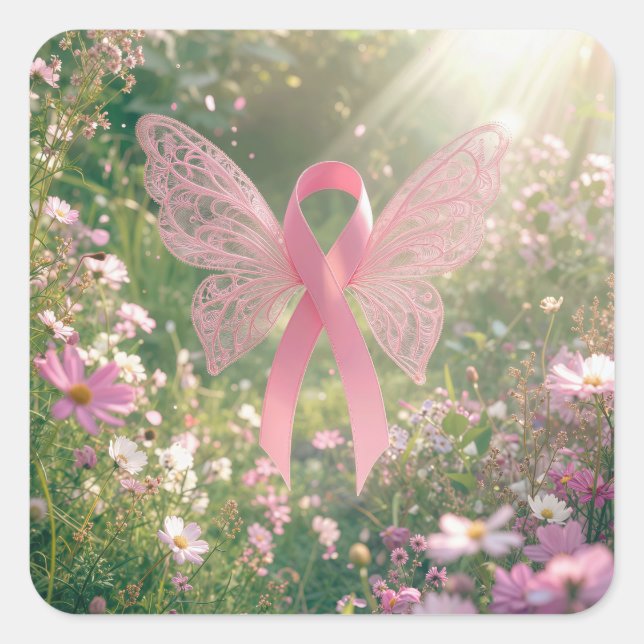 Pink Ribbon Butterfly in a Garden Square Sticker (Front)