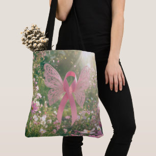 Pink Ribbon Butterfly in a Garden Tote Bag