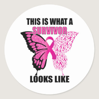 Pink Ribbon Butterfly Survivor Breast Cancer Classic Round Sticker