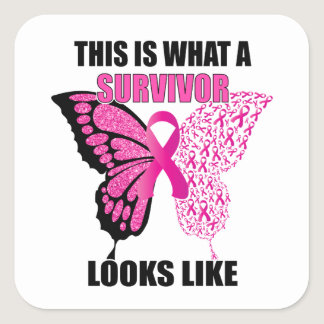 Pink Ribbon Butterfly Survivor Breast Cancer Square Sticker