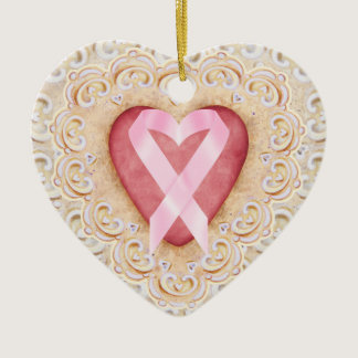 Pink Ribbon Cancer Ribbon #2 From the Heart - SRF Ceramic Ornament
