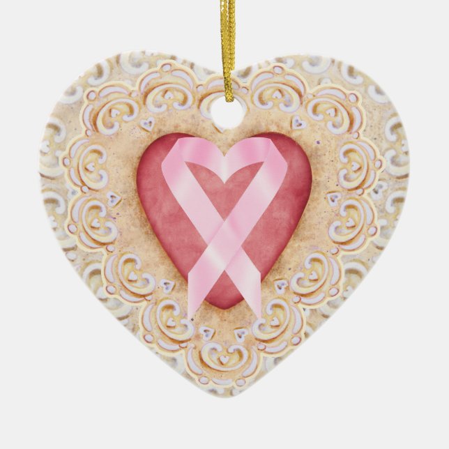 Pink Ribbon Cancer Ribbon #2 From the Heart - SRF Ceramic Ornament (Front)
