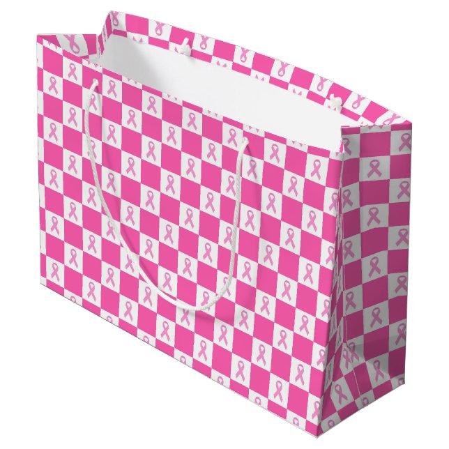 Pink Ribbon Checkerboard – Breast Cancer Awareness Large Gift Bag (Back Angled)