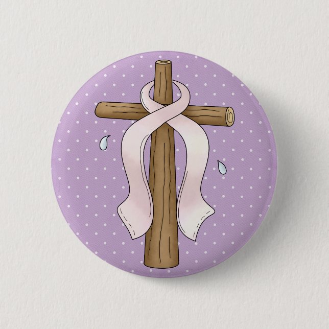 Pink Ribbon Christian Cross Design Pinback Button (Front)