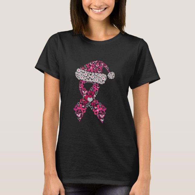 Pink Ribbon Christmas Breast Cancer T-Shirt (Front)