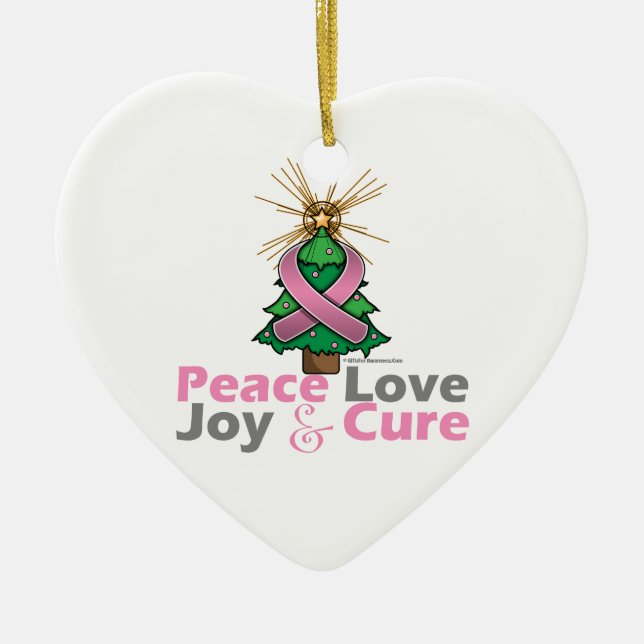 Pink Ribbon Christmas Peace Love, Joy & Cure Ceramic Ornament (Front)