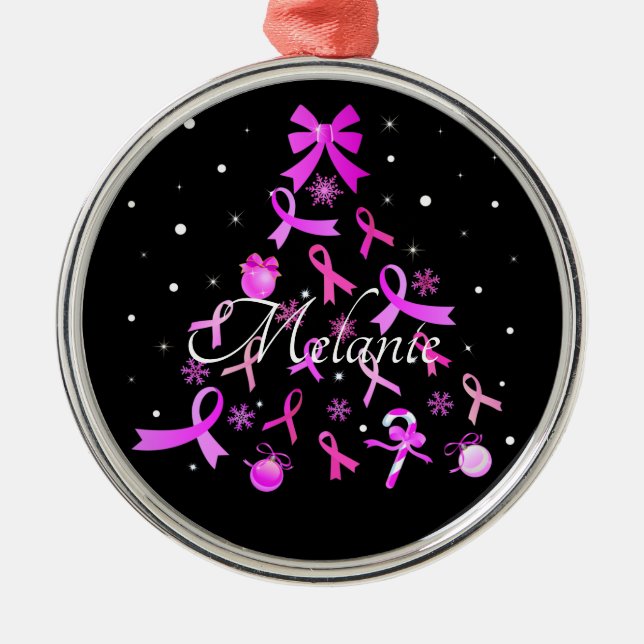 Pink Ribbon Christmas Tree Metal Ornament (Front)