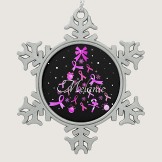 Pink Ribbon Christmas Tree Snowflake Pewter Christmas Ornament