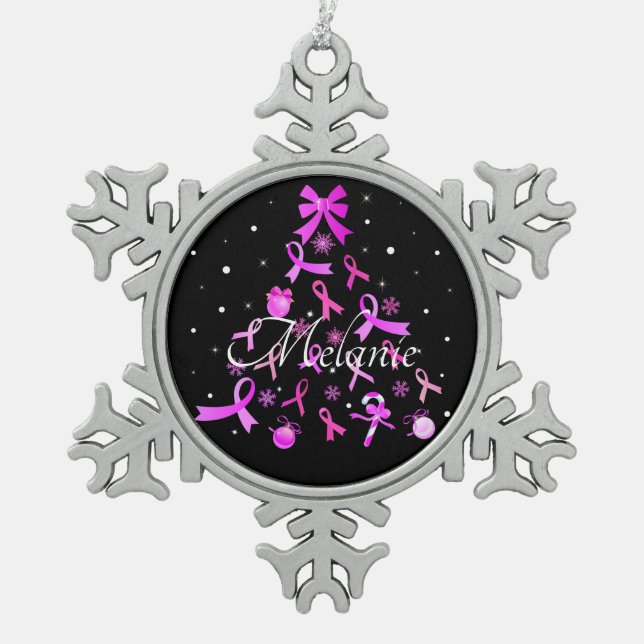 Pink Ribbon Christmas Tree Snowflake Pewter Christmas Ornament (Front)