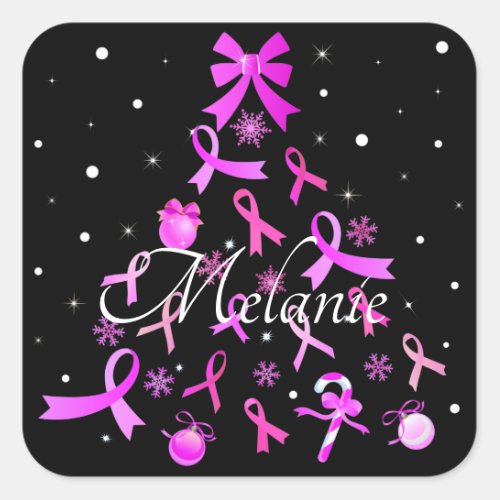 Pink Ribbon Christmas Tree Square Sticker