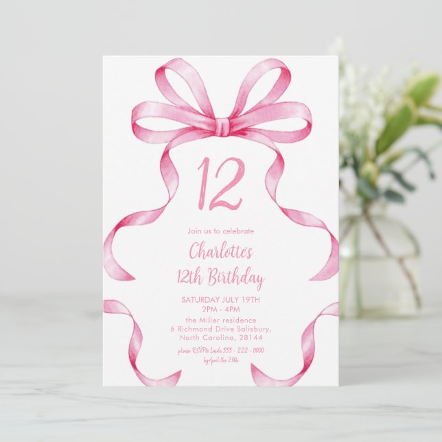 Pink Ribbon Coquette Bow 12th Birthday Invitation (Standing Front)