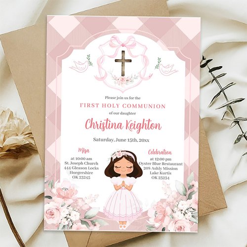 Pink Ribbon Crest Girl First Holy Communion Invitation