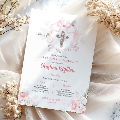 Pink Ribbon Crest Girl First Holy Communion Invitation