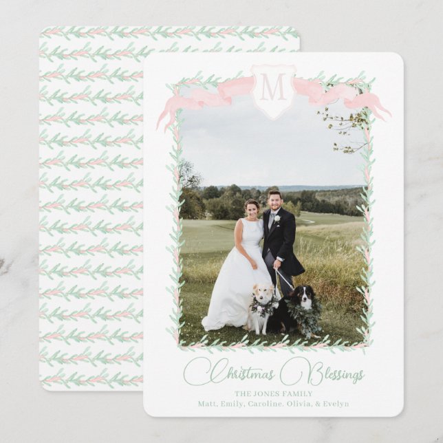 Pink Ribbon Crest Greenery Vintage Christmas Photo Holiday Card (Front/Back)