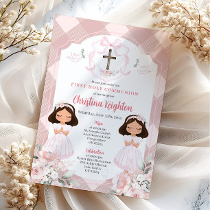 Pink Ribbon Crest Twins Girl First Holy Communion Invitation