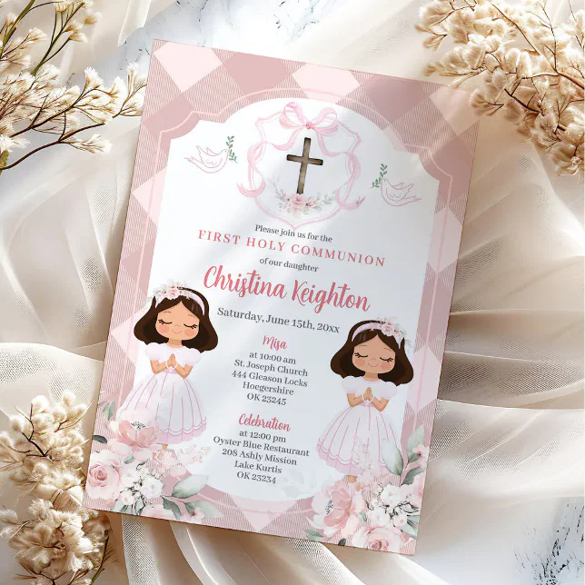 Pink Ribbon Crest Twins Girl First Holy Communion Invitation | Zazzle
