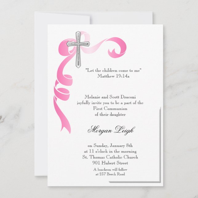 Pink Ribbon Cross Communion Invitation (Front)
