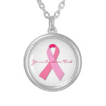 Pink Ribbon Custom Text Silver Plated Necklace at Zazzle