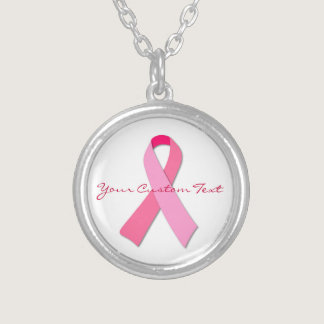 Pink Ribbon Custom Text Silver Plated Necklace