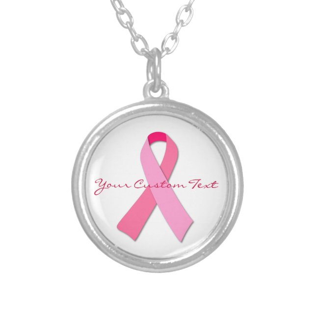 Pink Ribbon Custom Text Silver Plated Necklace (Front)