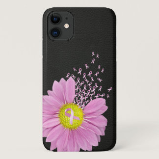 Pink Ribbon daisy on black leather iPhone 11 Case