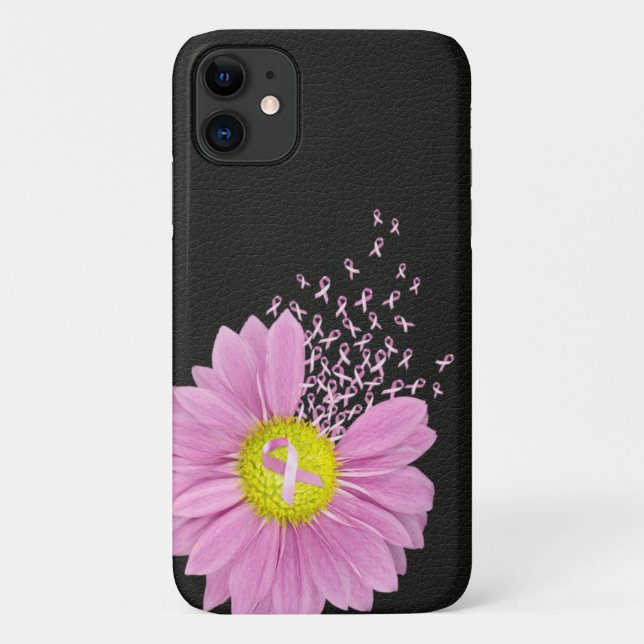 Pink Ribbon daisy on black leather Case-Mate iPhone Case (Back)