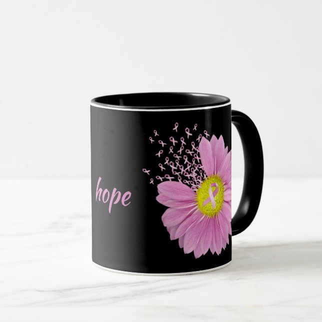 Pink Ribbon Daisy on black Mug (Front Right)