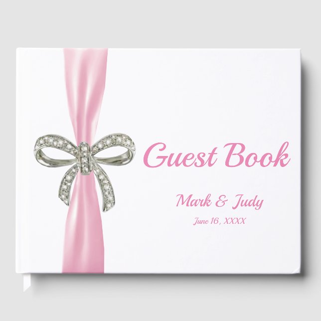 Pink Ribbon Diamond Bow Wedding Guestbook (Front)