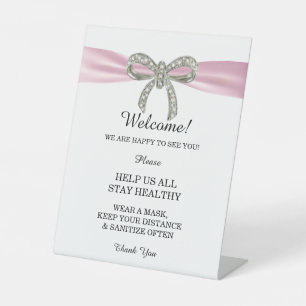 Pink Ribbon Diamond Bow Wedding Safety Pedestal Sign