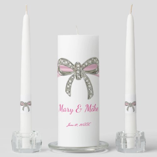 Pink Ribbon Diamond Bow Wedding Unity Candle Set
