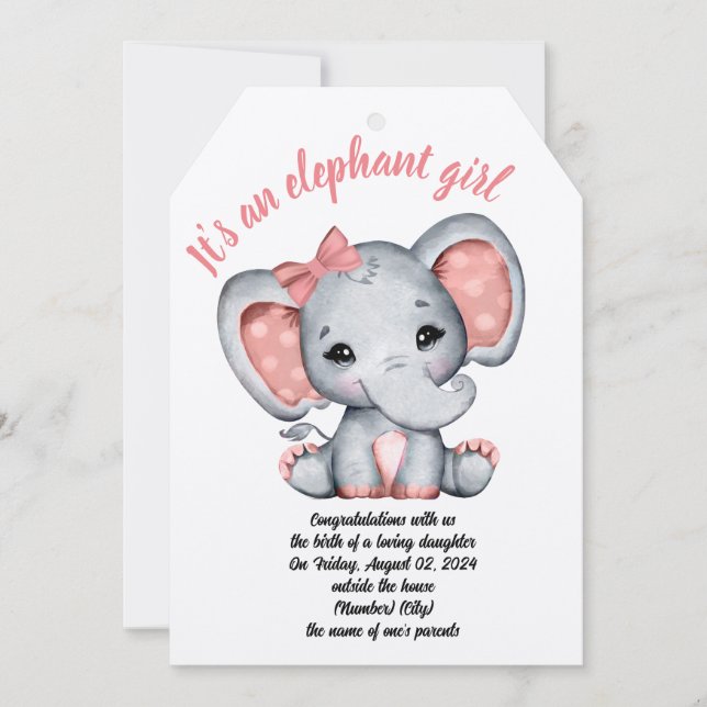 Pink Ribbon Elephant Girl Birthday Card (Front)