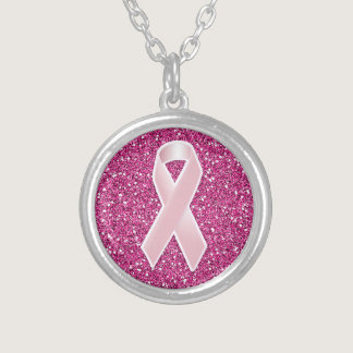 Pink Ribbon & Faux Glitter Silver Plated Necklace