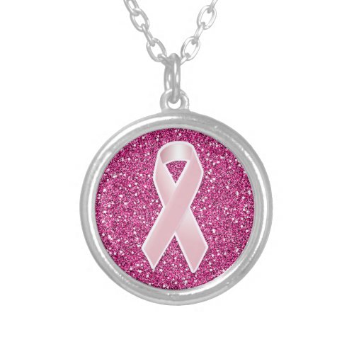 Pink Ribbon  Faux Glitter Silver Plated Necklace