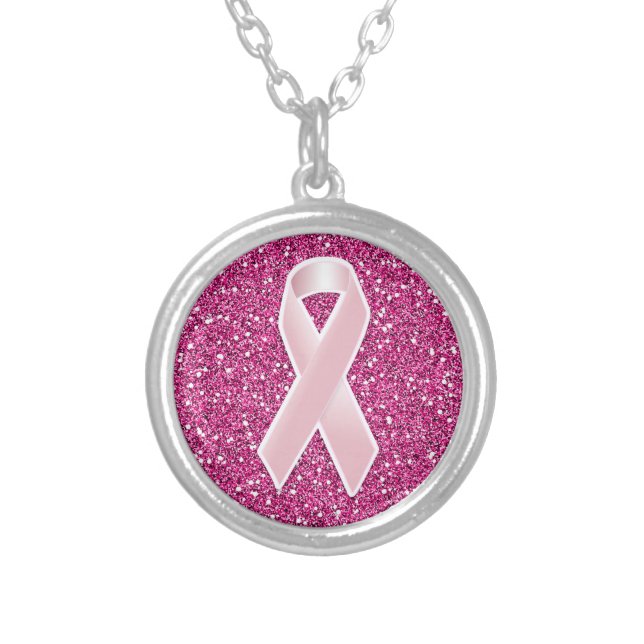 Pink Ribbon & Faux Glitter Silver Plated Necklace (Front)
