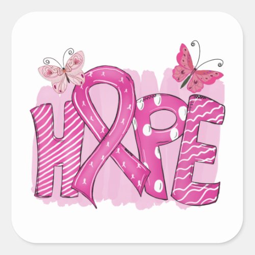 Pink Ribbon Fighter Butterfly Hope Breast Cancer Square Sticker