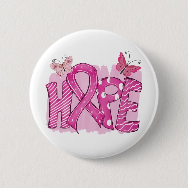 Pink Ribbon Fighter Hope Butterfly Breast Cancer Button (Front)