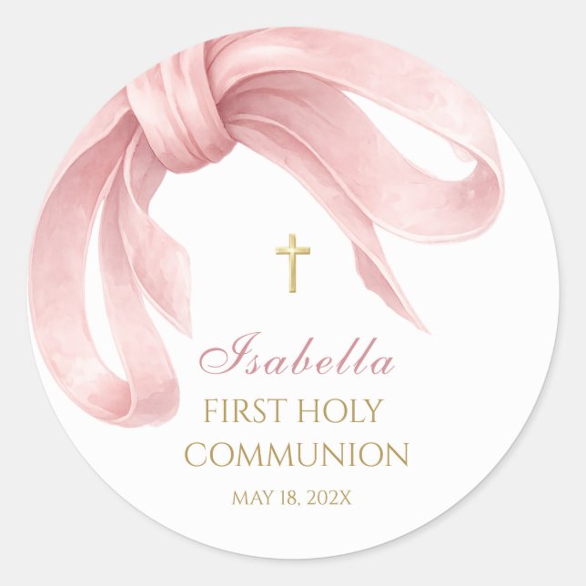 Pink Ribbon First Holy Communion Favor Stickers (Front)