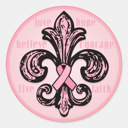 Pink Ribbon Fleur de lis Classic Round Sticker