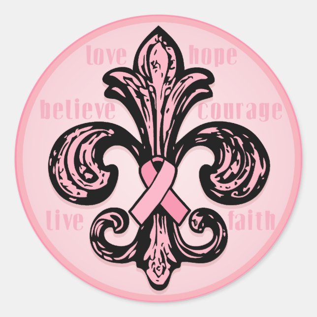 Pink Ribbon Fleur de lis Classic Round Sticker (Front)