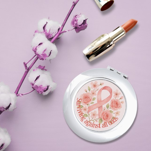 Pink Ribbon Floral Cancer Awareness Compact Mirror (Creator Uploaded)