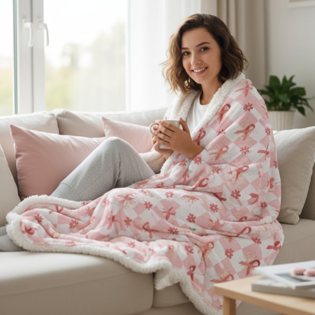 Pink Ribbon & Floral Checkered  Sherpa Blanket (Creator Uploaded)