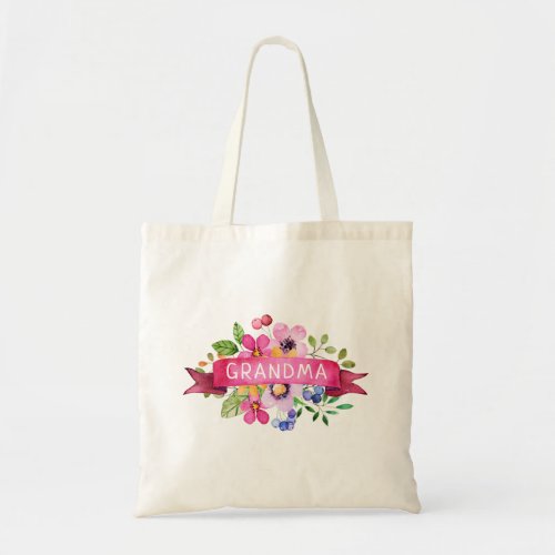 Pink Ribbon Floral Grandma Monogram Tote Bag
