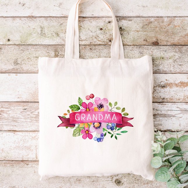 Pink Ribbon Floral Grandma Monogram Tote Bag (Creator Uploaded)