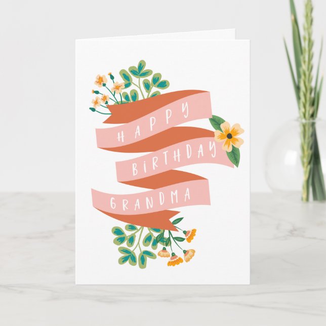 Pink Ribbon & Flowers Happy Birthday Grandma Card (Front)