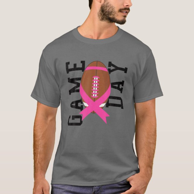 Pink Ribbon Football Game Day Breast Cancer Awaren T-Shirt (Front)