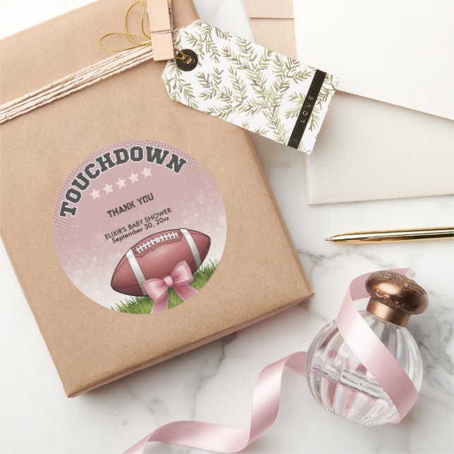 Pink  Ribbon Football Touchdown Baby Shower Classic Round Sticker (Gifting)