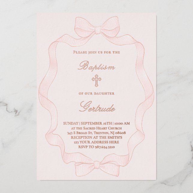  pink ribbon frame Baptism Invitation Foil Invitation (Front)