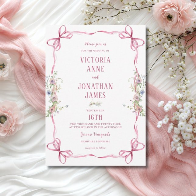 Pink Ribbon Frame Floral Whimsical Wedding  Invitation (Creator Uploaded)